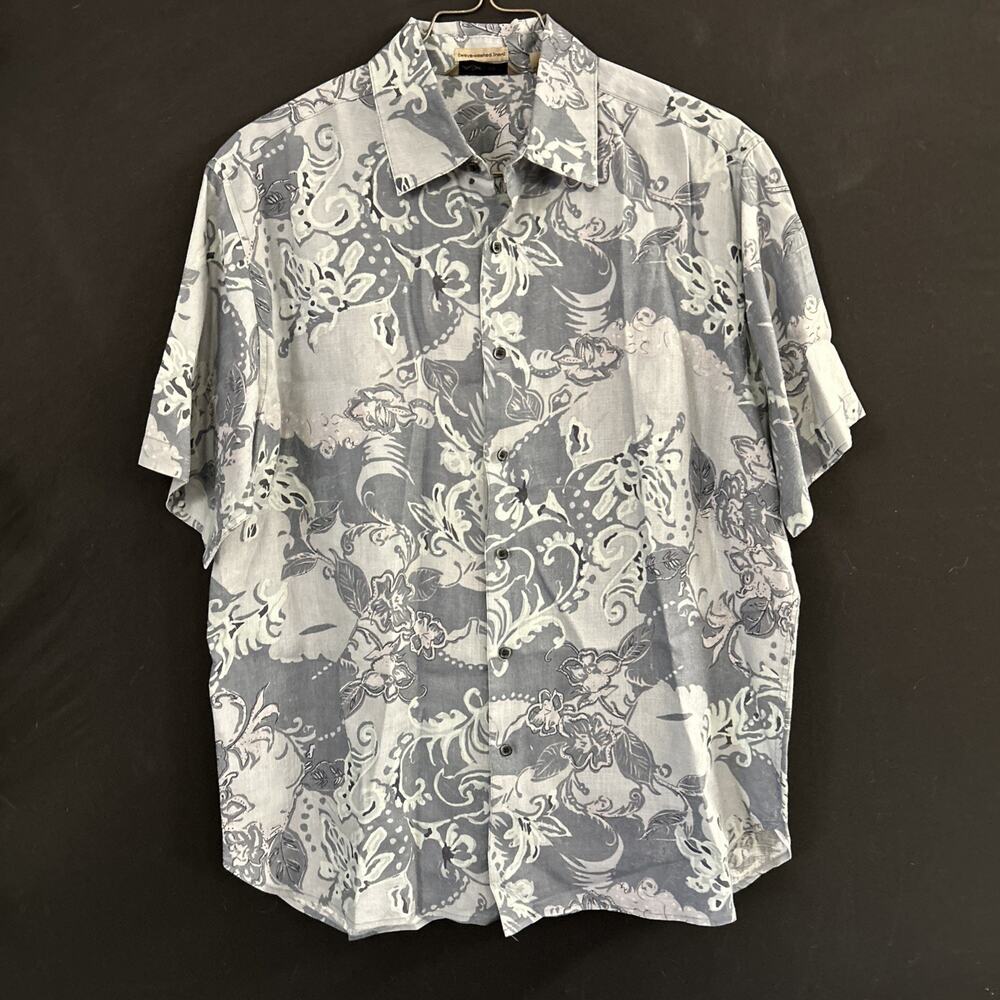 Axist Men's Short Sleeve Large Linen Button Up Shirt Gray Hawaiian Floral Print